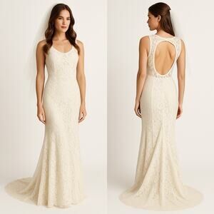 Lulus XL Ivory Lace Open Back Bridal Gown With Train NWT